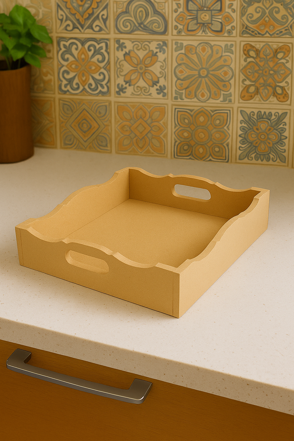 DIY scalloped MDF serving tray with handles on countertop