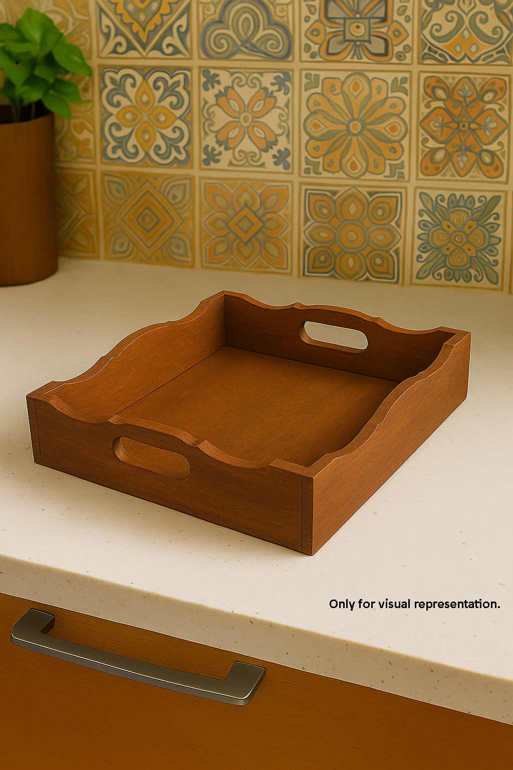 DIY scalloped MDF serving tray with handles on countertop