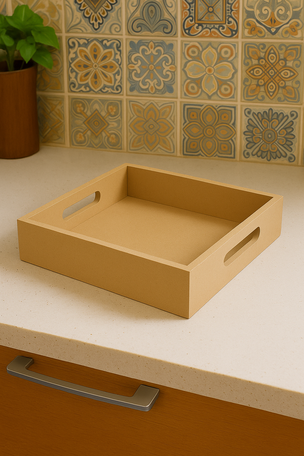 DIY square MDF serving tray with handles on kitchen counter