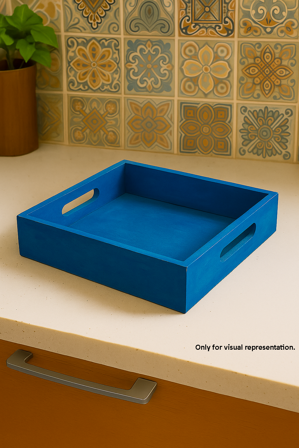 DIY square MDF serving tray with handles on kitchen counter