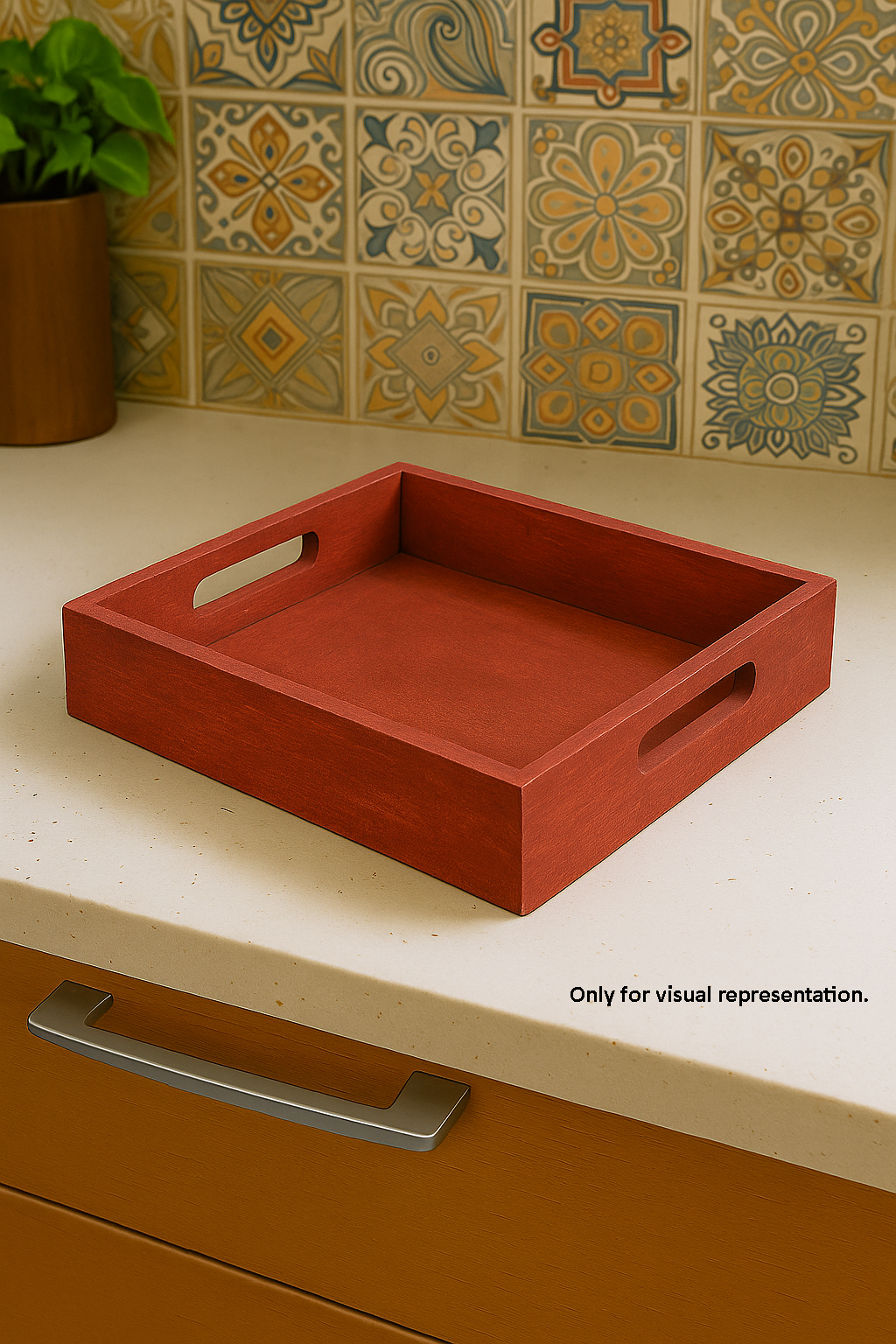 DIY rectangular MDF serving tray with handles on countertop