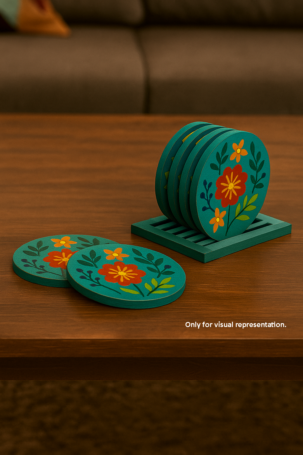 DIY round MDF coasters in holder, hand-painted with floral design