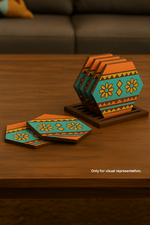 DIY hexagon MDF coasters in holder, hand-painted geometric designs