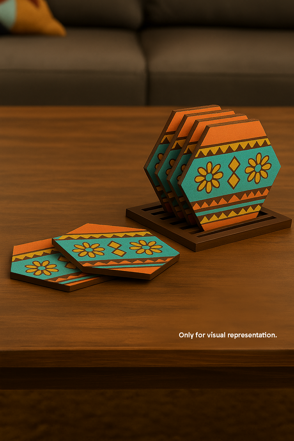 DIY hexagon MDF coasters in holder, hand-painted geometric designs
