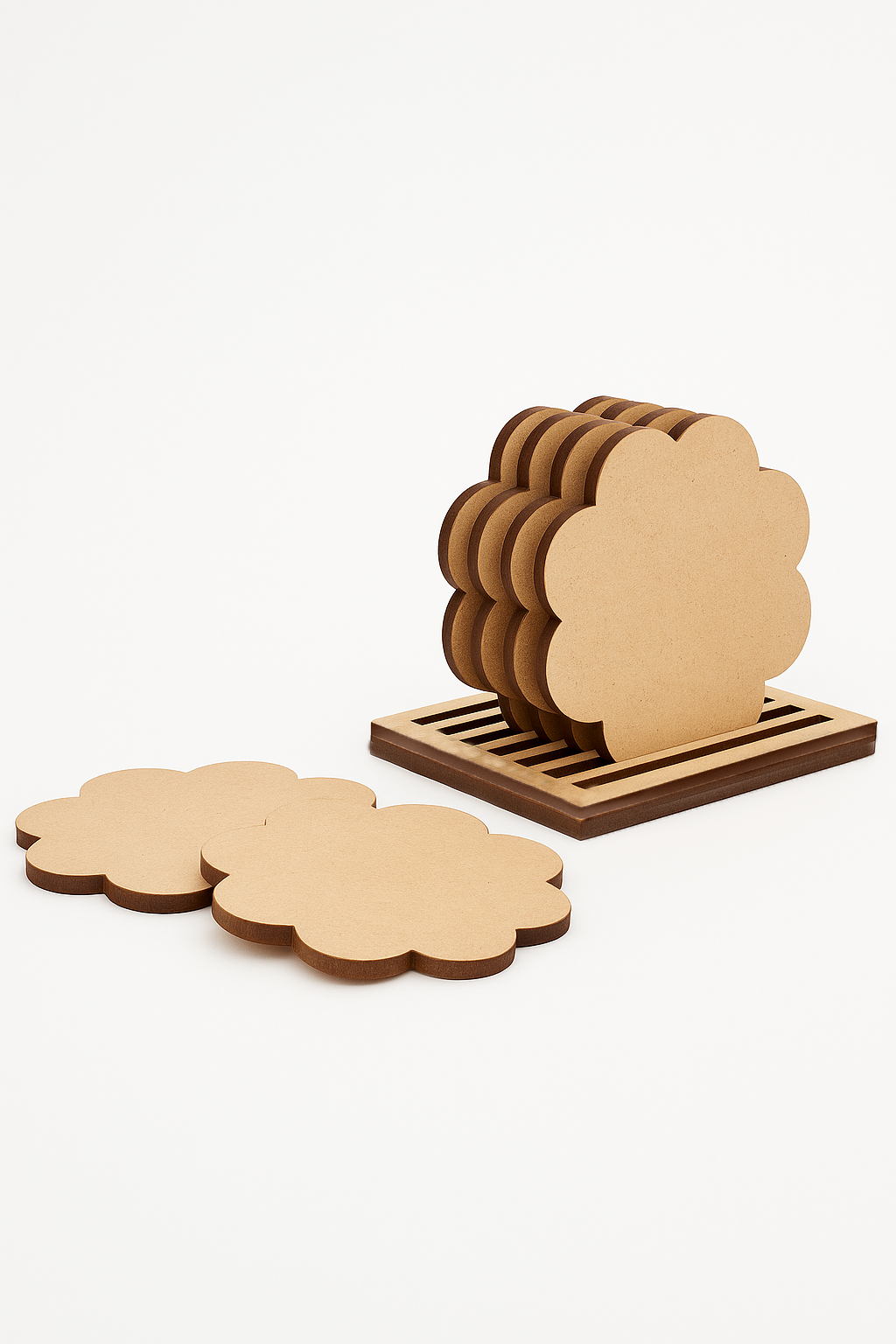 DIY flower shape MDF coasters in holder, blank 