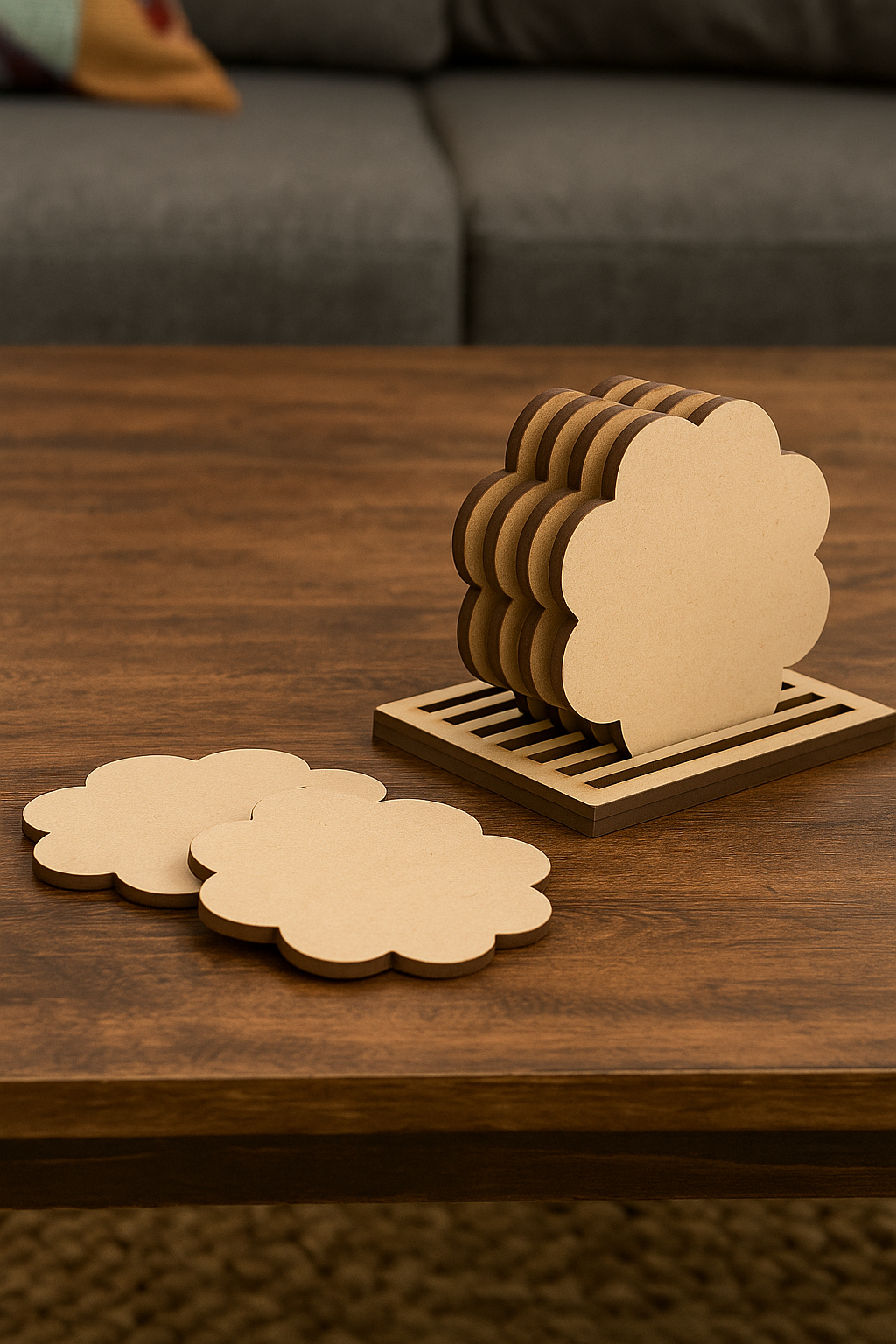 DIY flower shape MDF coasters in holder, blank 