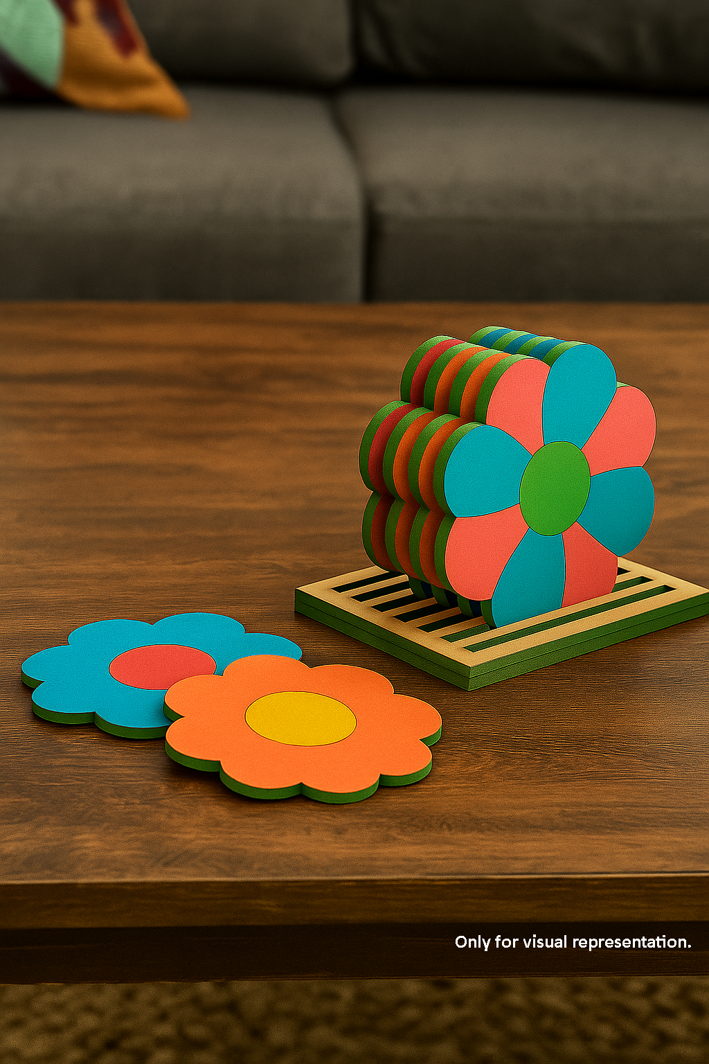 DIY flower shape MDF coasters in holder,  hand-painted colorful designs