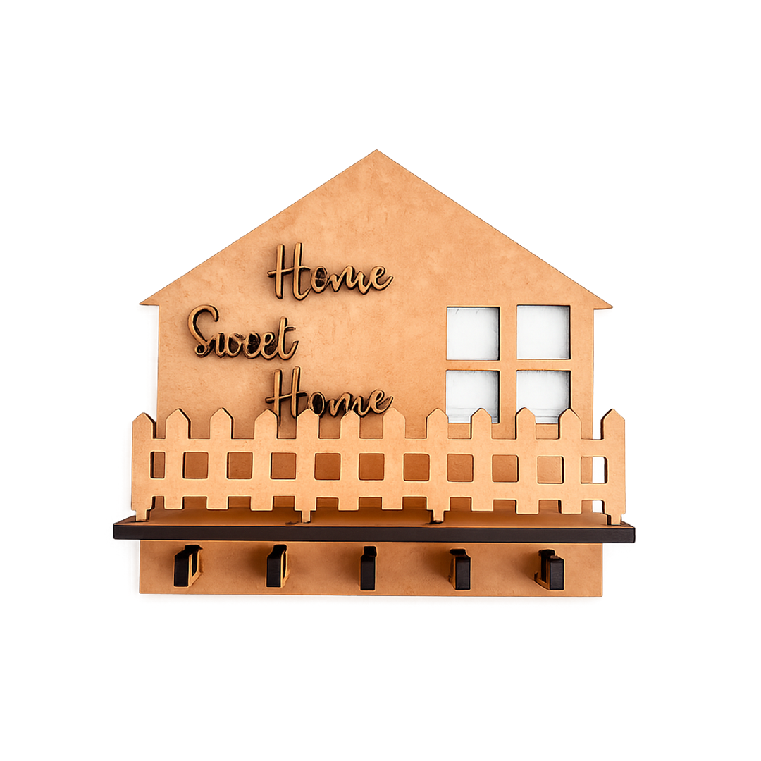 MDF house-shaped wall hook with 'Home Sweet Home' text on a white background