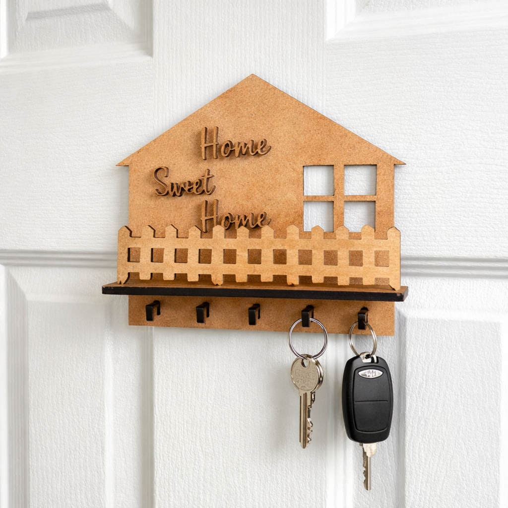MDF house-shaped key holder with 'Home Sweet Home' text on a white door.