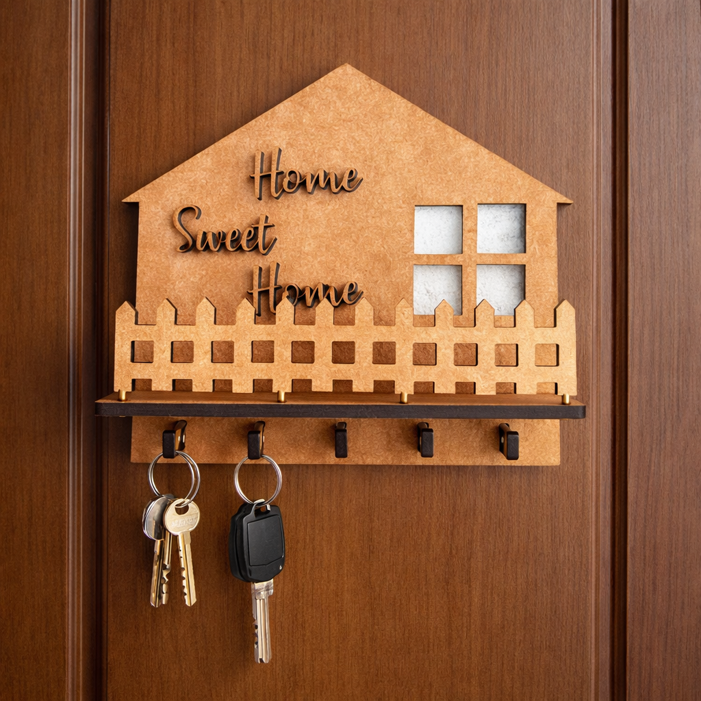 MDF key holder shaped like a house with 'Home Sweet Home' text on a wooden door.