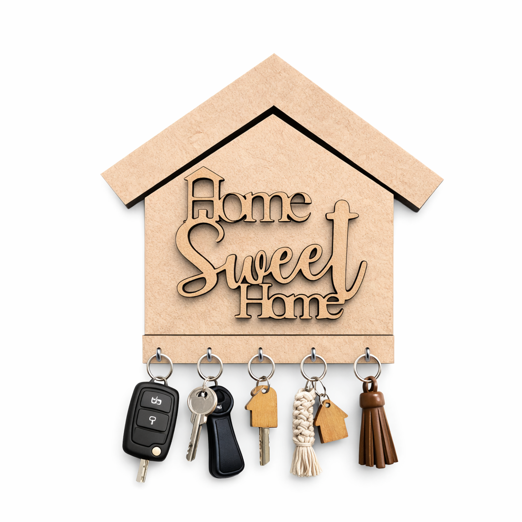 MDF key holder shaped like a house with 'Home Sweet Home' text, holding various keys and decorative items.