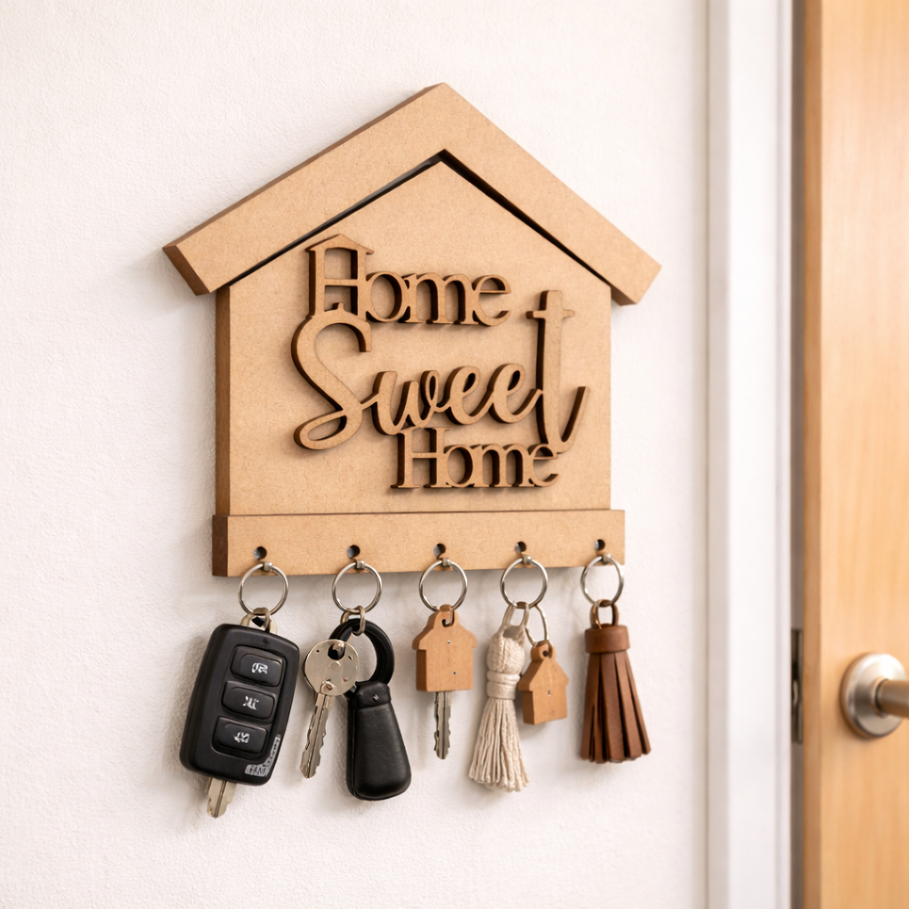MDF key holder with 'Home Sweet Home' text on a wall.