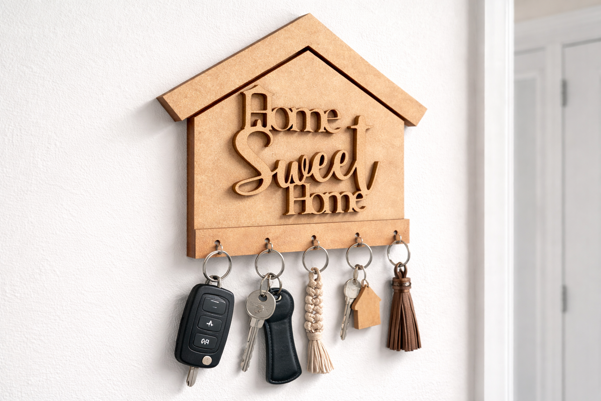 MDF key holder shaped like a house with 'Home Sweet Home' text, holding various keys.