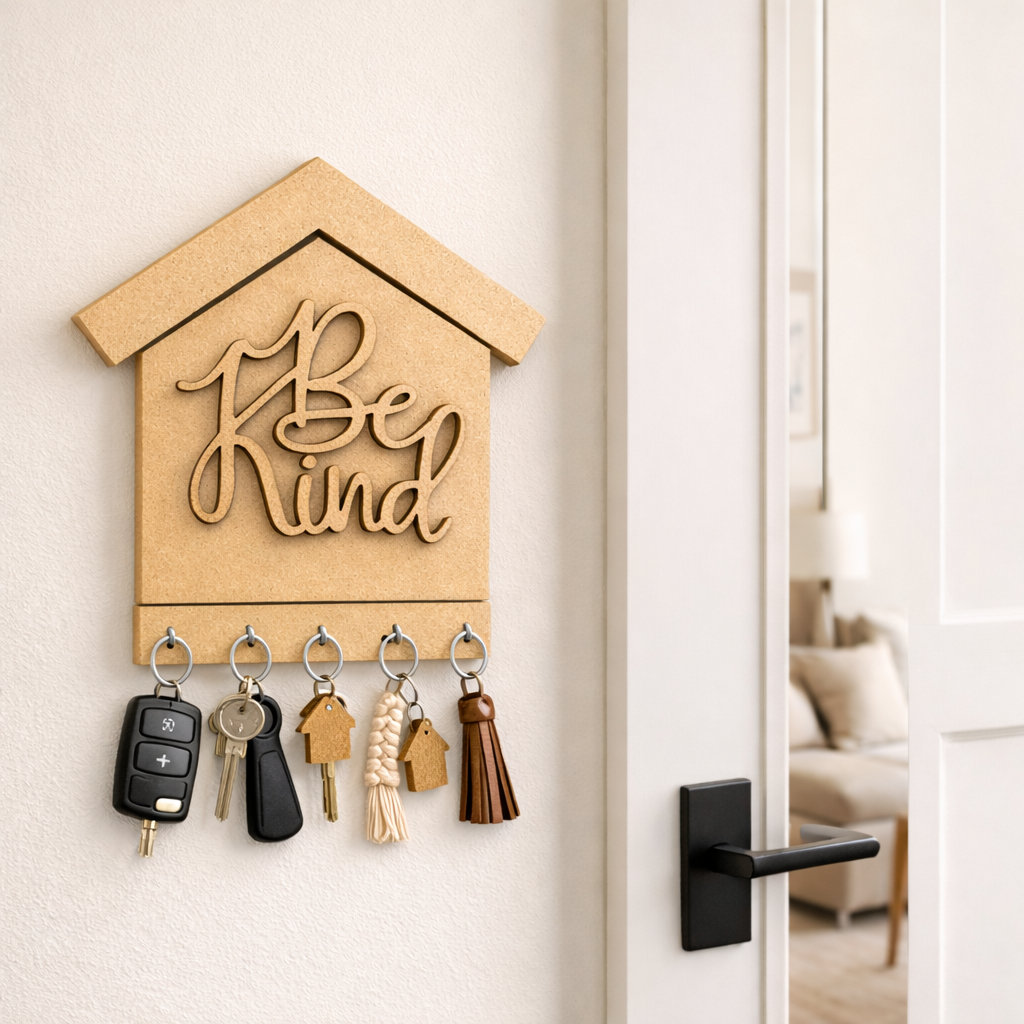 MDF DIY key holder with 'Be Kind' text on a door