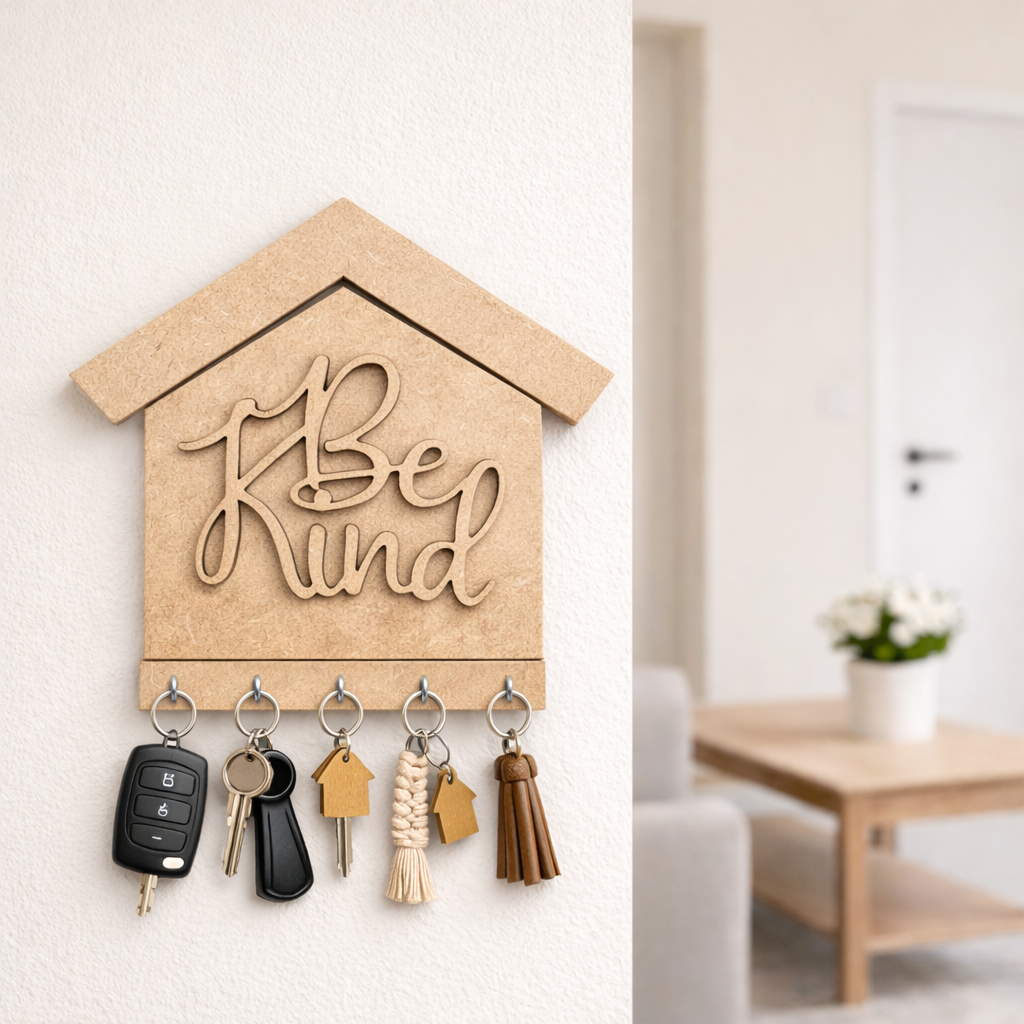 MDF DIY Key holder with 'Be Kind' text on a wall in a home setting