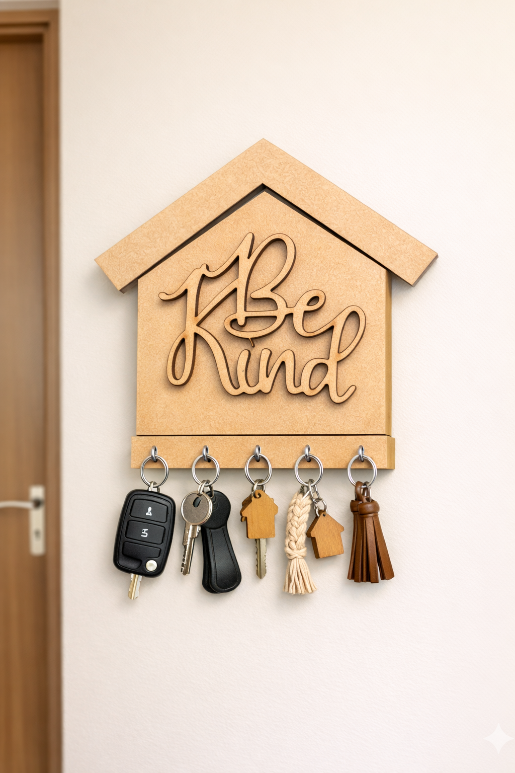 DIY MDF  key holder with 'Be Kind' on a white wall