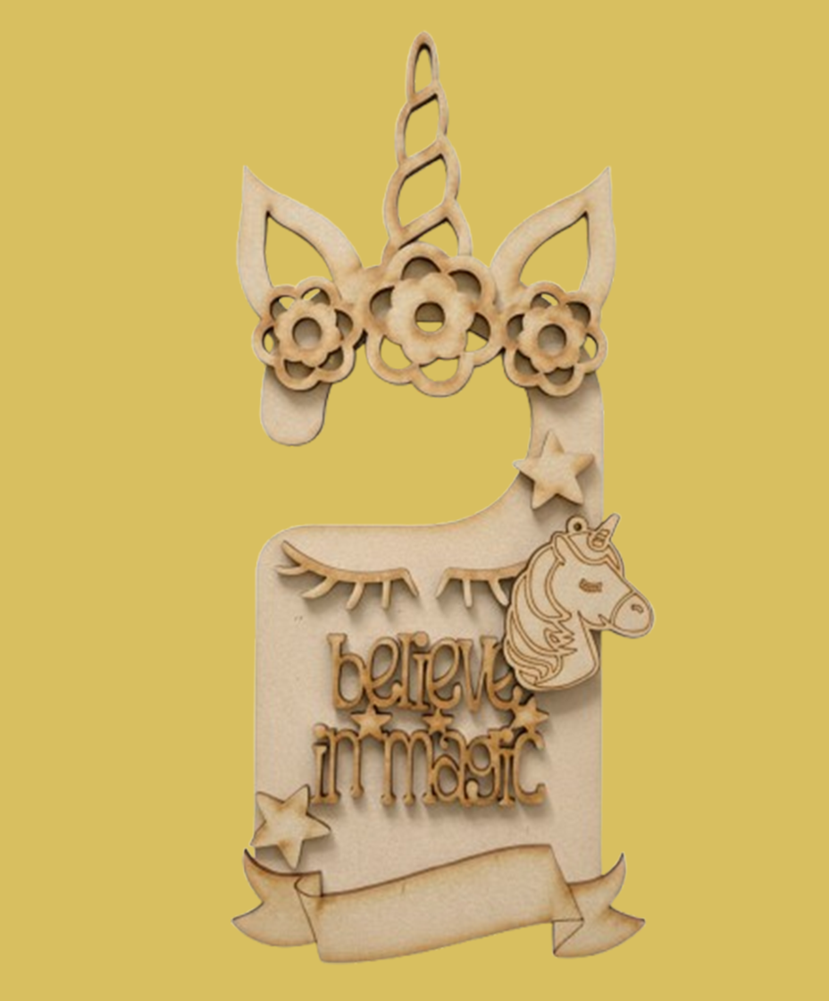 MDF Unicorn Believe in Magic Door Hanger DIY Craft Decor Art unpainted laser cut MDF hanging for painting and decoration 