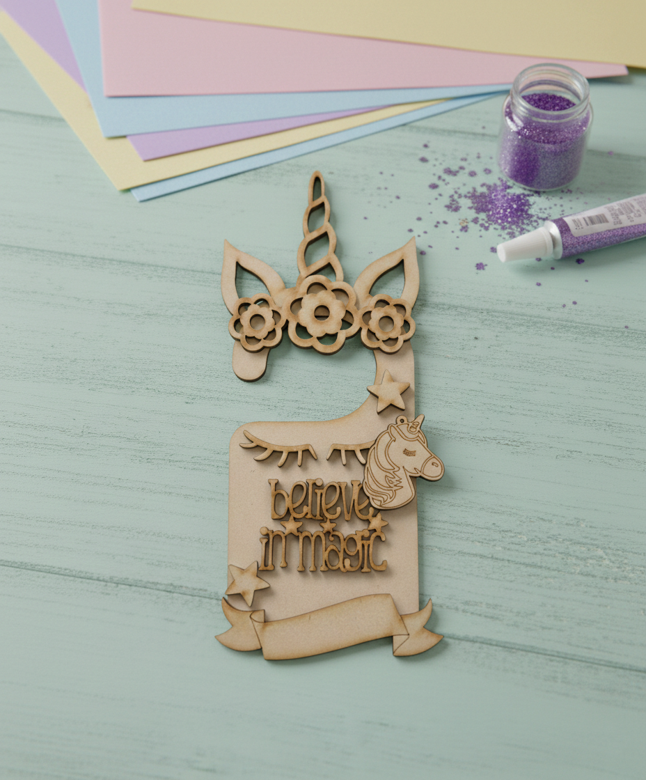 MDF Unicorn Believe in Magic Door Hanger DIY Craft Decor Art unpainted laser cut MDF hanging for painting and decoration show on table 