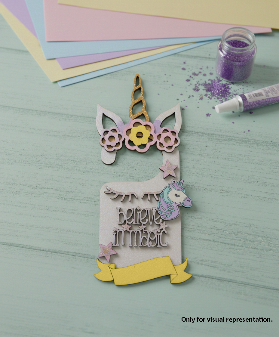 Painted MDF Unicorn Believe in Magic Door Hanger DIY Craft Decor Art  laser cut MDF hanging for painting and decoration show on table 