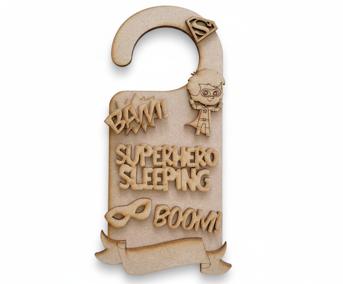 MDF Superhero Sleeping Door Hanger DIY Craft Decor Art Kids unpainted laser cut MDF hanging for kids room painting and decoration