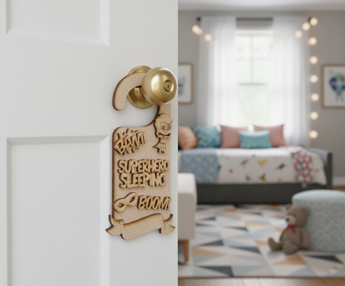 MDF Superhero Sleeping Door Hanger DIY Craft Decor Art Kids unpainted laser cut MDF hanging for kids room painting and decoration hanging on door 