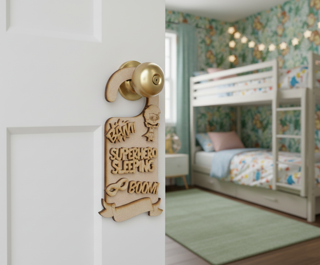 MDF Superhero Sleeping Door Hanger DIY Craft Decor Art Kids unpainted laser cut MDF hanging for kids room painting and decoration hanging on door 