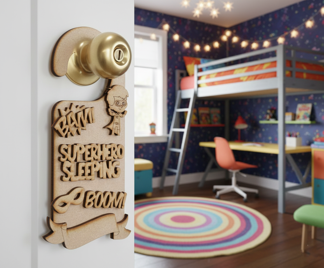 MDF Superhero Sleeping Door Hanger DIY Craft Decor Art Kids unpainted laser cut MDF hanging for kids room painting and decoration hanging on door 