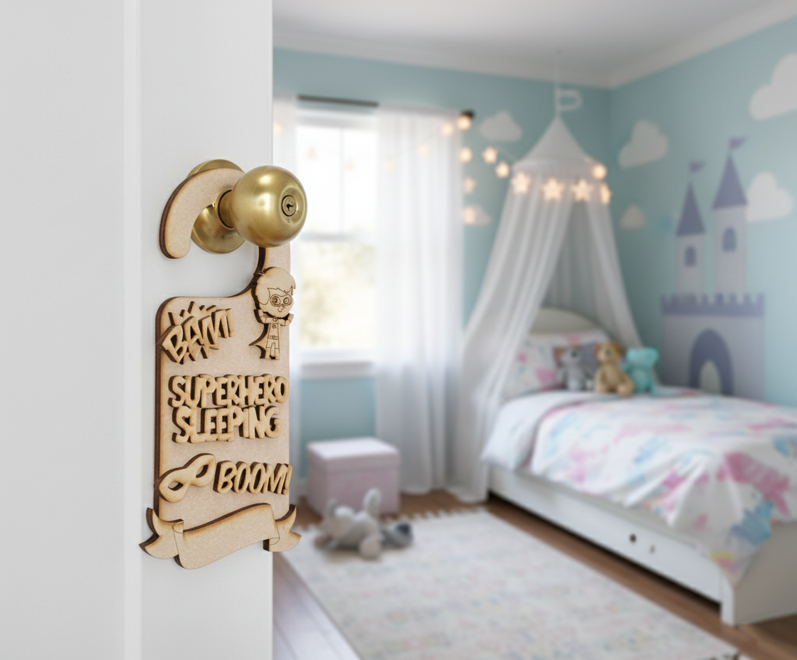 MDF Superhero Sleeping Door Hanger DIY Craft Decor Art Kids unpainted laser cut MDF hanging for kids room painting and decoration hanging on door 