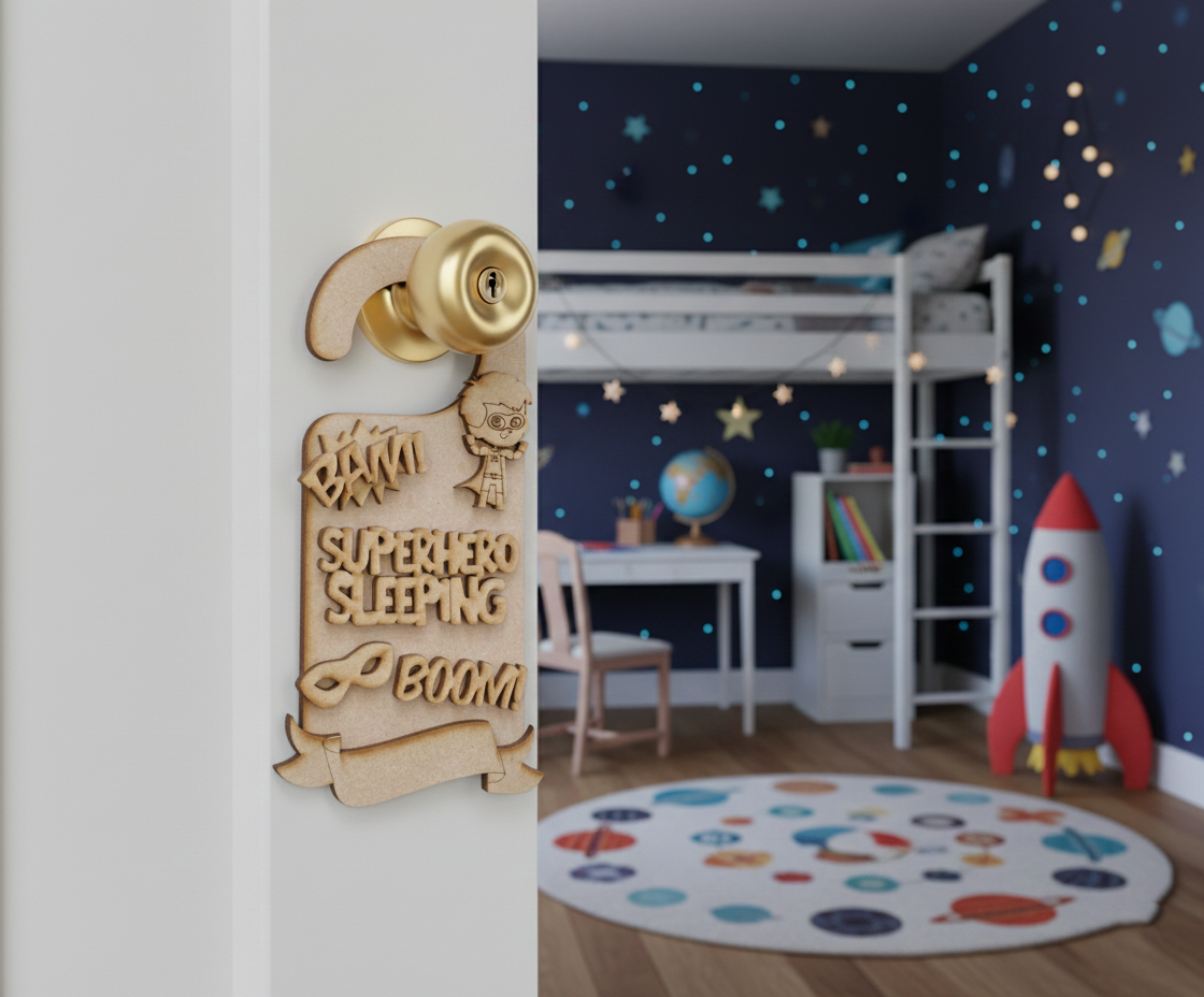 MDF Superhero Sleeping Door Hanger DIY Craft Decor Art Kids unpainted laser cut MDF hanging for kids room painting and decoration hanging on door 