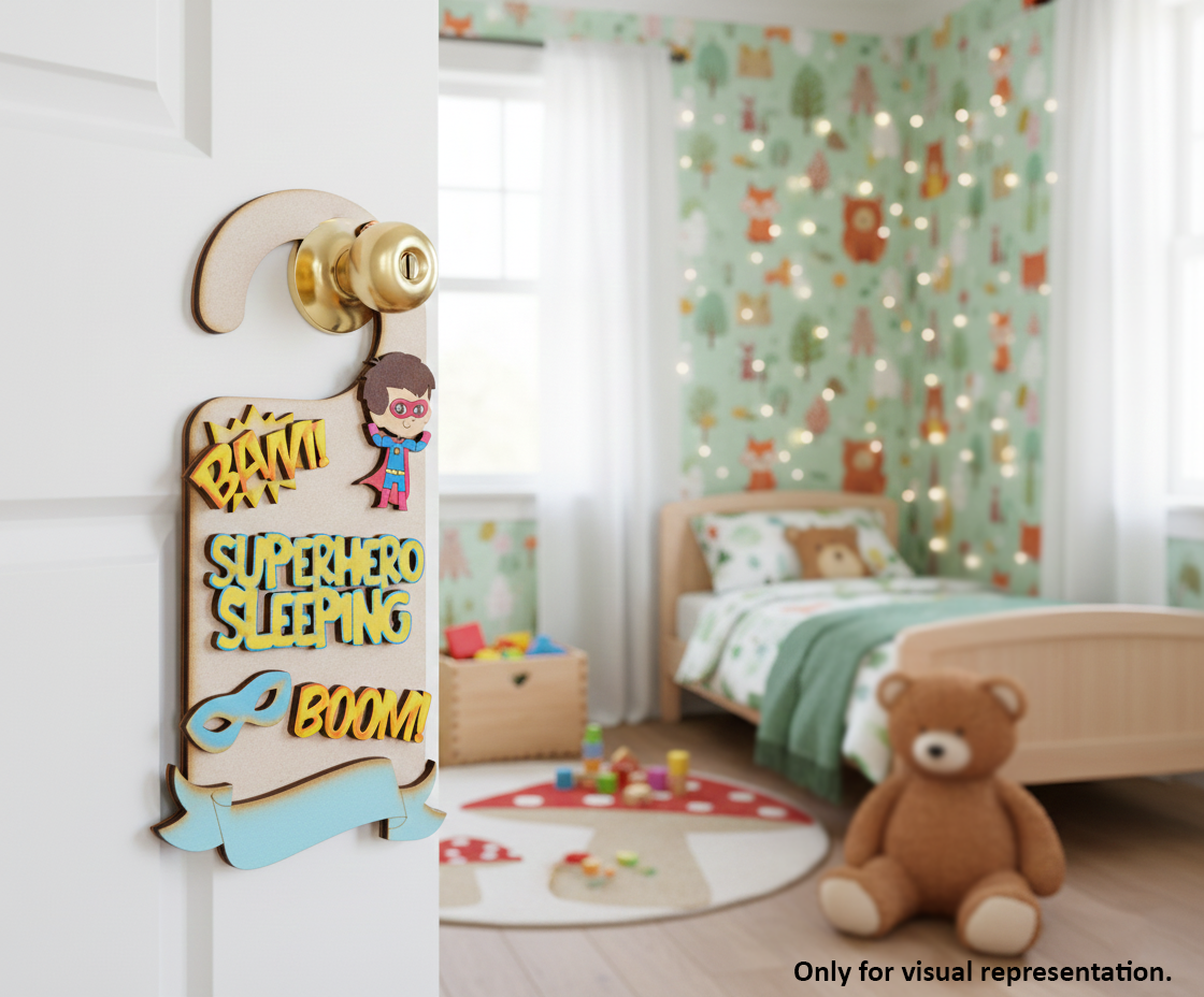 Painted MDF Superhero Sleeping Door Hanger DIY Craft Decor Art Kids  laser cut MDF hanging for kids room painting and decoration hanging on door 