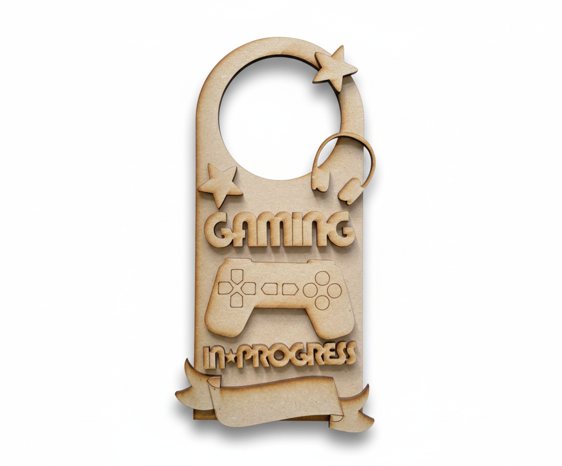 MDF Gaming In Progress Door Hanger DIY Craft Decor Art unpainted laser cut MDF hanging with controller and headphones for painting and decoration