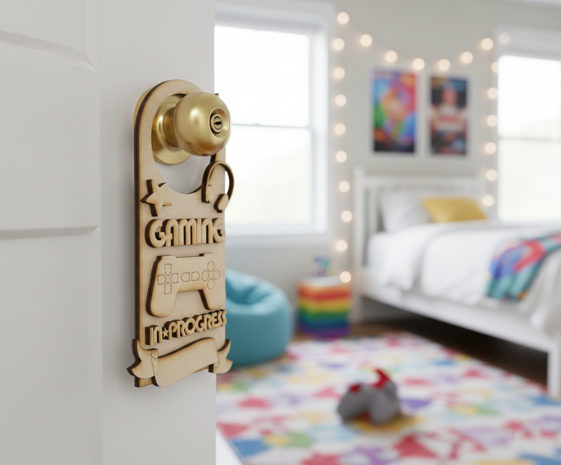 MDF Gaming In Progress Door Hanger DIY Craft Decor Art unpainted laser cut MDF hanging with controller and headphones for painting and decoration hanging on door