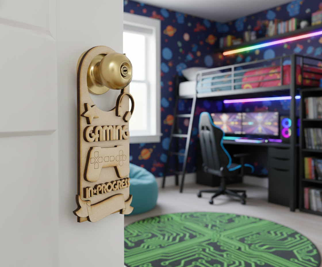 MDF Gaming In Progress Door Hanger DIY Craft Decor Art unpainted laser cut MDF hanging with controller and headphones for painting and decoration hanging on door