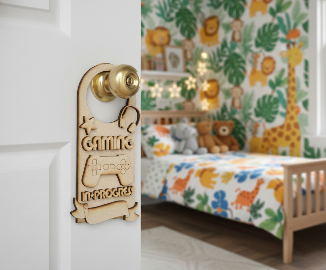 MDF Gaming In Progress Door Hanger DIY Craft Decor Art unpainted laser cut MDF hanging with controller and headphones for painting and decoration hanging on door