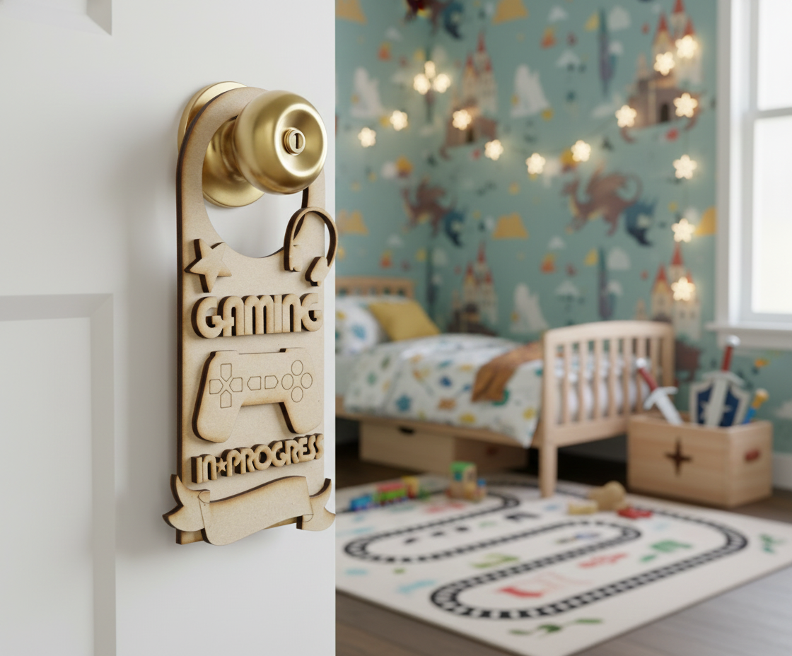 MDF Gaming In Progress Door Hanger DIY Craft Decor Art unpainted laser cut MDF hanging with controller and headphones for painting and decoration hanging on door