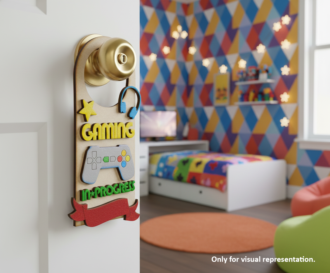 Painted MDF Gaming In Progress Door Hanger DIY Craft Decor Art  laser cut MDF hanging with controller and headphones for painting and decoration hanging on door