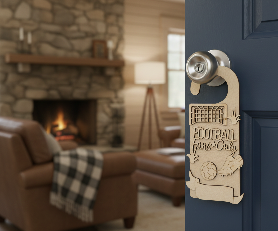 MDF Football Fans Only Door Hanger DIY Craft Decor Art unpainted laser cut MDF hanging with football goal ball and shoes for painting and decoration hanging on door