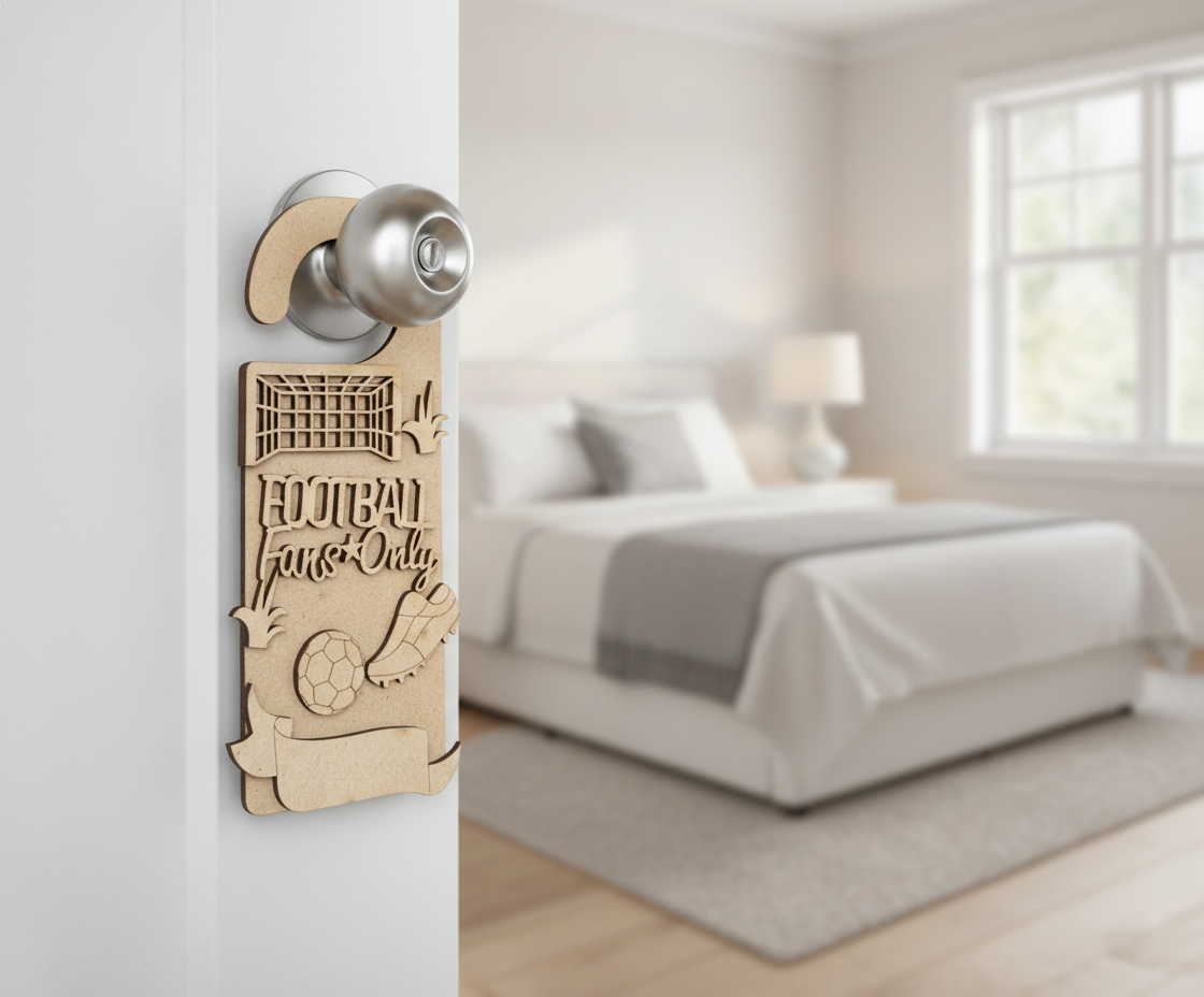 MDF Football Fans Only Door Hanger DIY Craft Decor Art unpainted laser cut MDF hanging with football goal ball and shoes for painting and decoration hanging on door