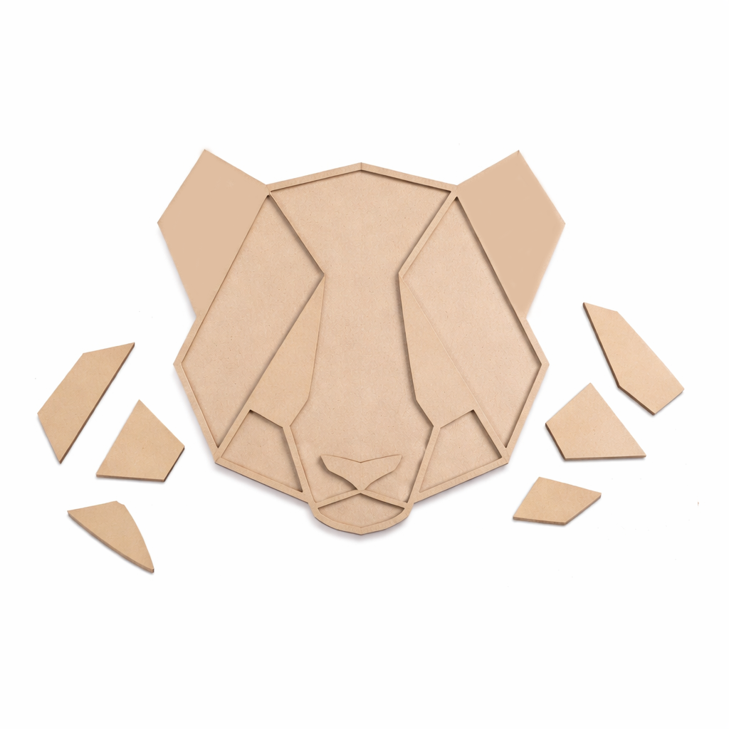 Unpainted DIY MDF lion face puzzle with geometric detachable pieces for painting and craft activity