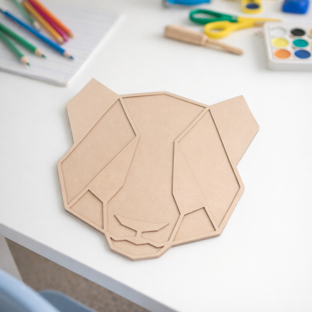 Unpainted DIY MDF loin face puzzle cutout for kids craft activity, painting, and educational play.
