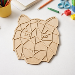 Unpainted DIY MDF geometric tiger face puzzle cutout for kids craft, painting activity, and educational play.