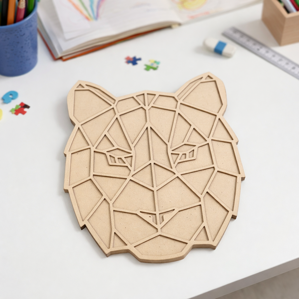 Unpainted DIY MDF geometric tiger face puzzle cutout for kids craft, painting activity, and educational play.