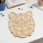 Unpainted DIY MDF geometric tiger face puzzle cutout for kids craft, painting activity, and educational play.