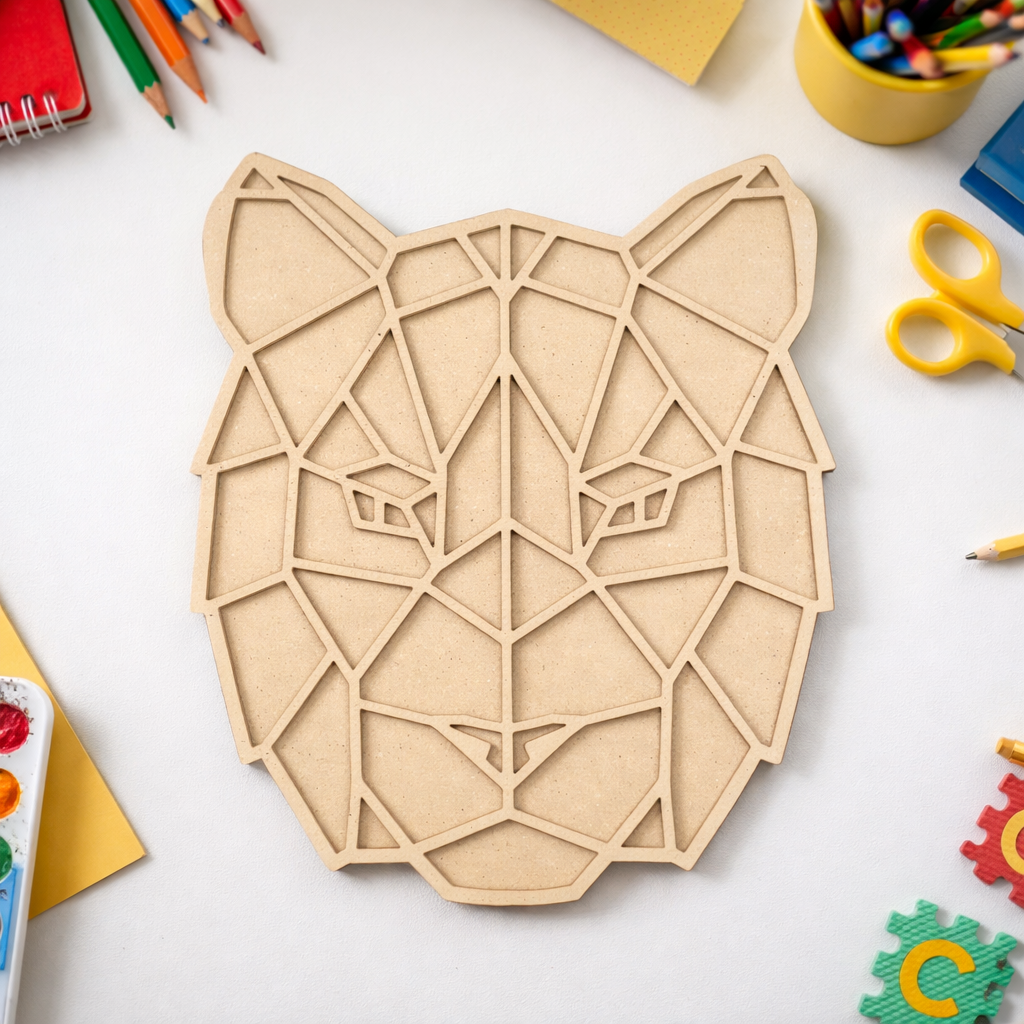 Unpainted DIY MDF geometric tiger face puzzle cutout for kids craft, painting activity, and educational play.