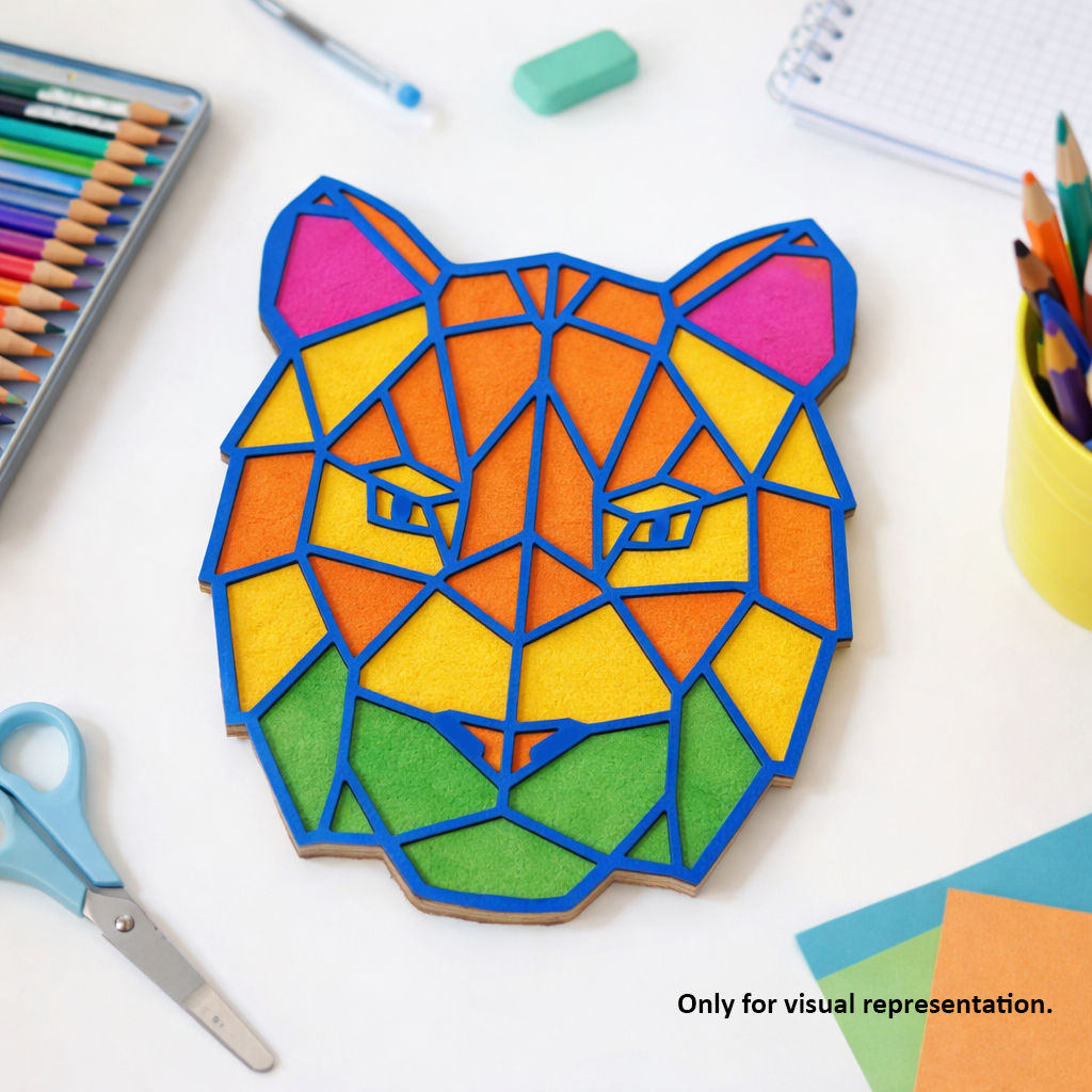 Painted DIY MDF geometric tiger face puzzle cutout for kids craft, painting activity, and educational play.