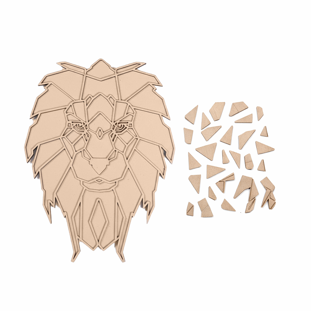Unpainted DIY MDF geometric lion face puzzle with detachable pieces for painting and craft activity