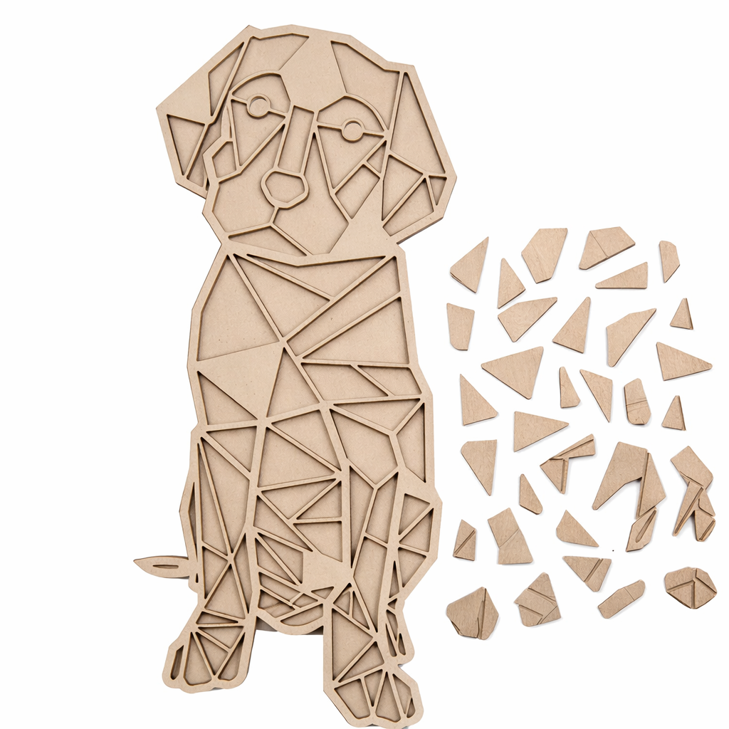 Unpainted DIY MDF geometric dog puzzle with detachable pieces for painting and craft activity
