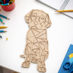 Unpainted DIY MDF geometric dog puzzle with detachable pieces for painting and craft activity show on craft table