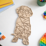 Unpainted DIY MDF geometric dog puzzle with detachable pieces for painting and craft activity show on craft table