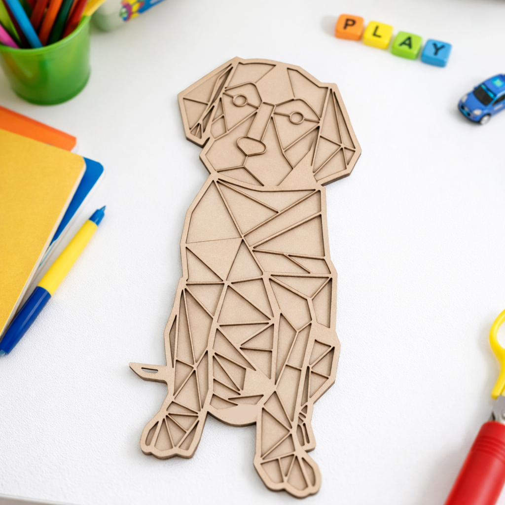 Unpainted DIY MDF geometric dog puzzle with detachable pieces for painting and craft activity show on craft table